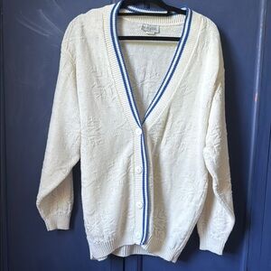 Vintage 90's bonjour White and Blue Cardigan Sweater L/XL
